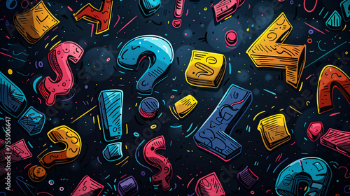 Colorful 3D question marks and exclamation points float in a dark, starry space photo