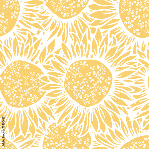 Sunflower head flower seamless pattern for textile or surface. Vector monochrome background