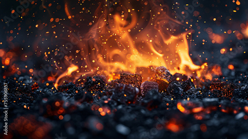 Glowing embers and ashes radiate intense heat amidst vibrant colors