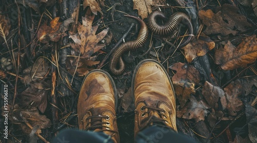 The feet and boots of a person standing next to a worm