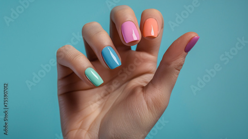 A hand displays nails painted in five different pastel colors against a turquoise background. photo