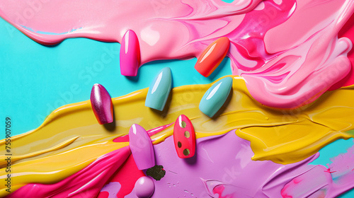 Colorful nail art designs amidst vibrant, flowing paint. photo