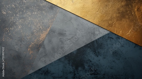 Diagonal split of metallic gold and blue textured surfaces creating an abstract design  concept samples of textures for renovation and interior design.