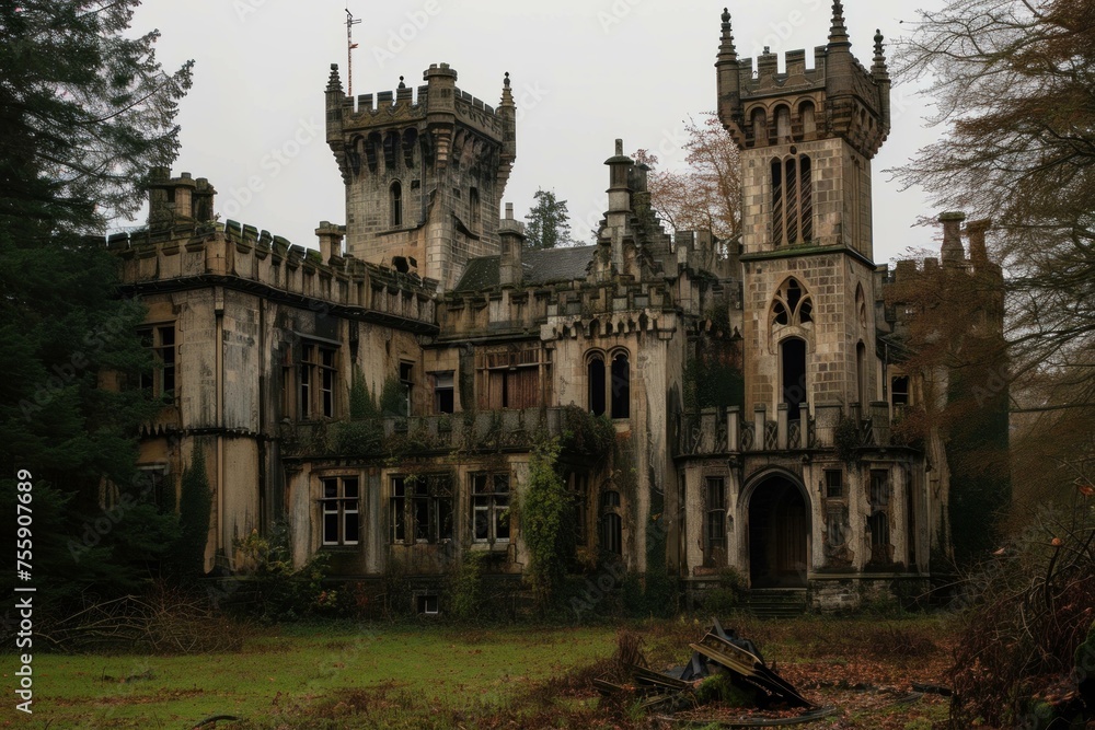 Abandoned gothic castle. Creepy inside. Generate Ai