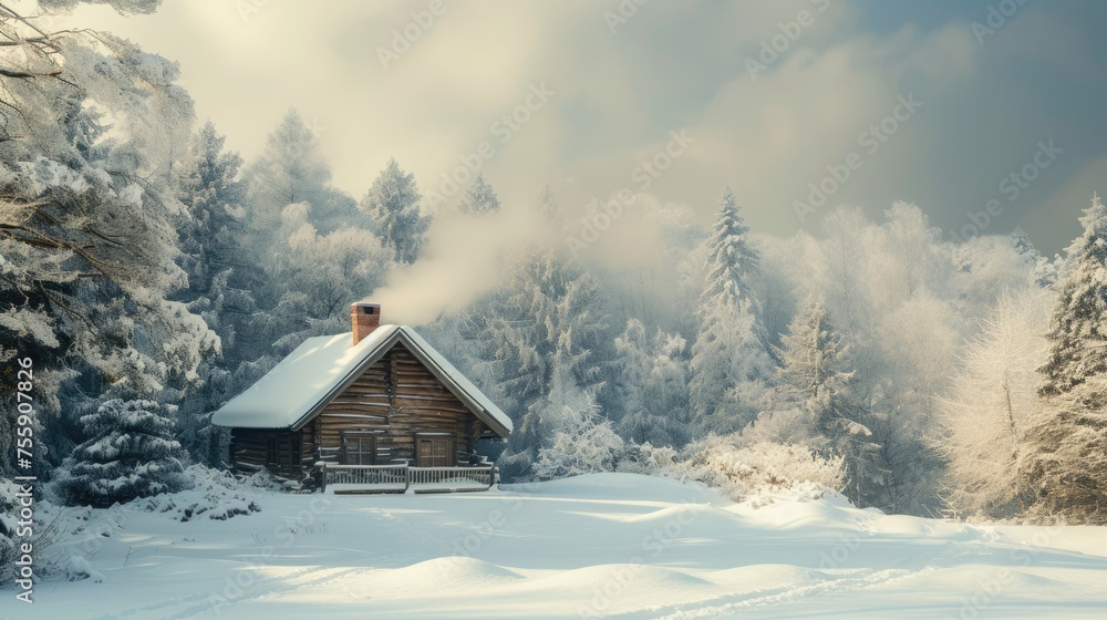 A lone log cabin radiates warmth with its glowing windows against the twilight of a tranquil, snow-covered forest landscape. Resplendent.