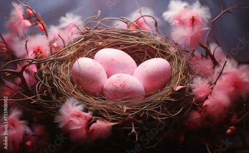 nest, egg, birth, tender, pink pastel, background сreated with Generative Ai