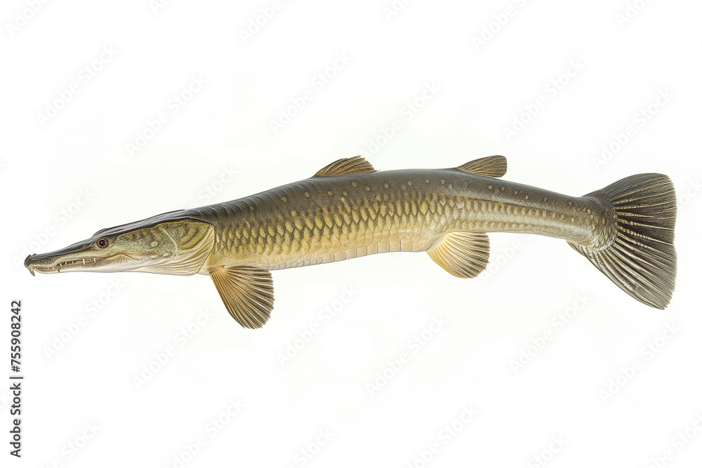Obraz premium Alligator gar isolated in copy space white background, Atractosteus spatula isolated in white background