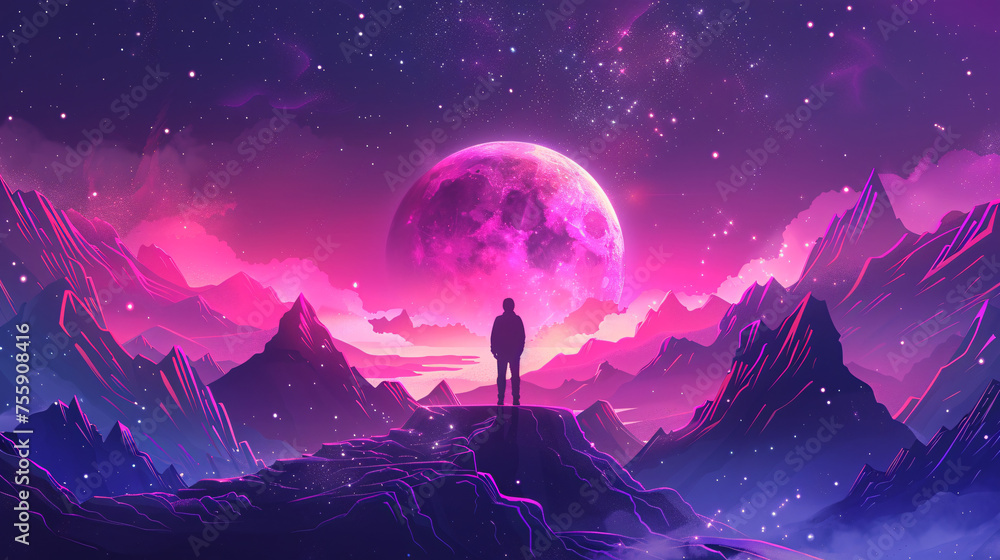 Silhouette stands before a vivid, cosmic landscape with a large moon, stars, and radiant mountains