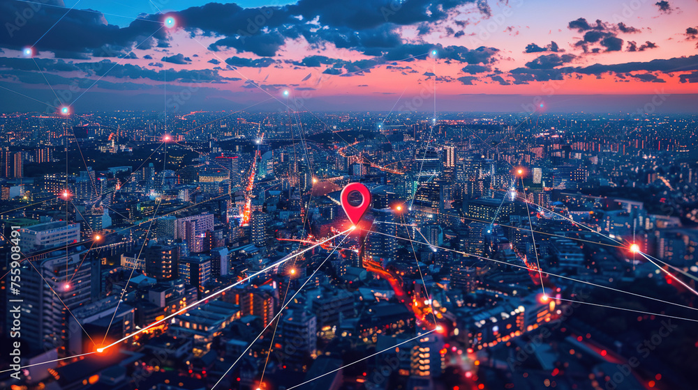 Fototapeta premium Aerial view of a bustling metropolis at dusk with a glowing red map pin hovering over a major tech hub