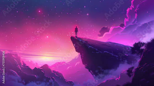 Silhouette stands on a cliff, gazing at a vibrant, starry sky and majestic mountains