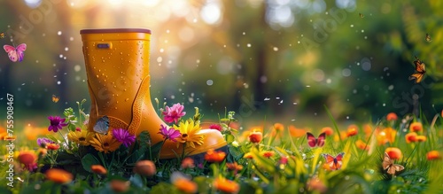 Pair of Yellow Rain Boots With Flowers photo