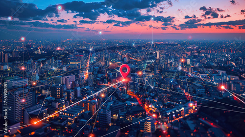Aerial view of a bustling metropolis at dusk with a glowing red map pin hovering over a major tech hub