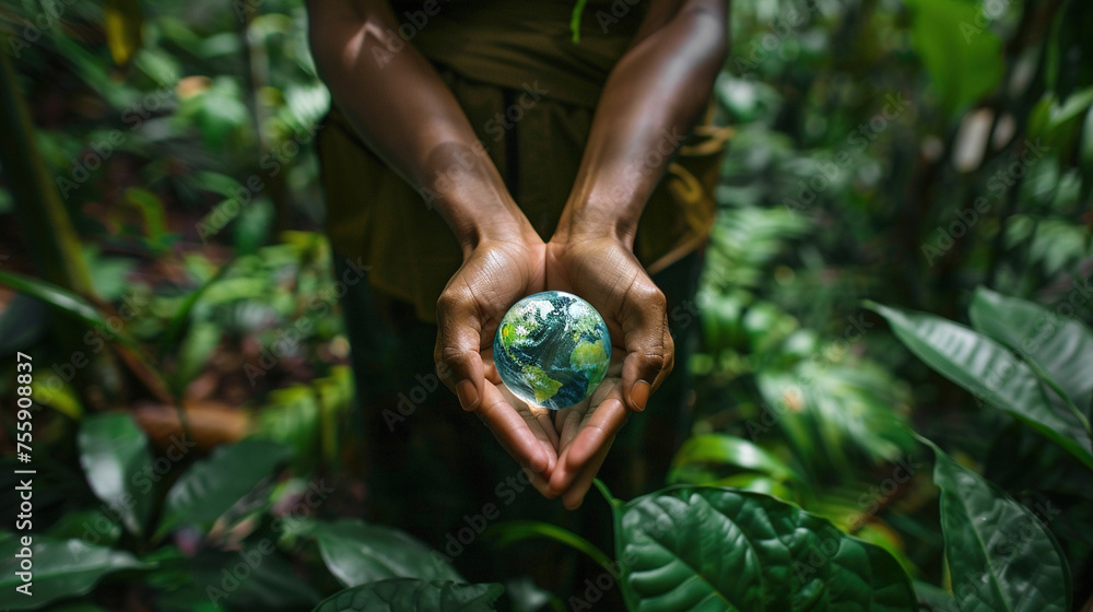 Dedicated conservationist gently holding a small Earth against a lush, dense forest backdrop
