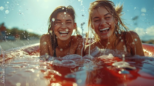 Two Girls Smiling on Surfboard in Water