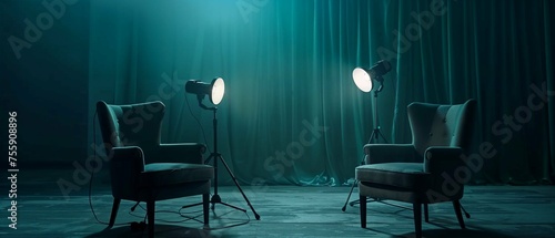 Dark, moody podcast or interview room with two chairs and microphones, designed for engaging media dialogues photo