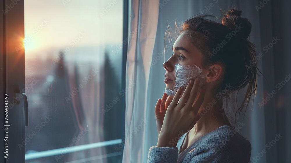Early morning scene of a young woman by a window, removing a hydrating overnight mask - obrazy, fototapety, plakaty 