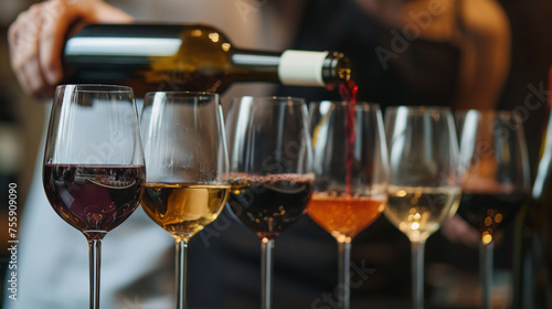 Pouring wine from bottle into glass on blurred background, closeup, assorted wine in a row of glasses, concept of wine tasting, night life, celebration and entertainment.