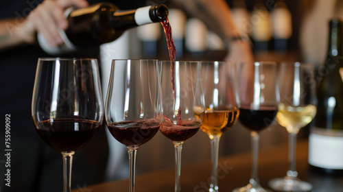 Pouring wine from bottle into glass on blurred background, closeup, assorted wine in a row of glasses, concept of wine tasting, night life, celebration and entertainment.