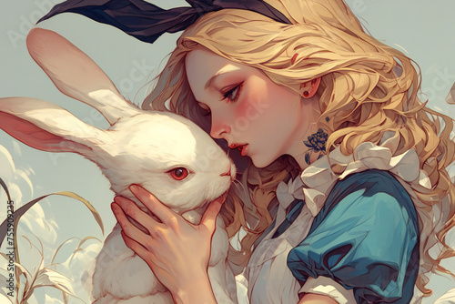 girl and rabbit, couple in the city, the girl in a blue dress, Alice in Wonderland with The White Rabbit photo
