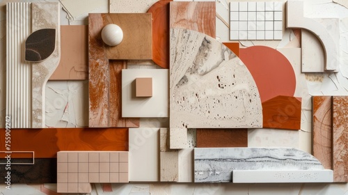 An assortment stone, marble, and textured samples arranged in a flat lay, showcasing a diverse range of materials and finishes