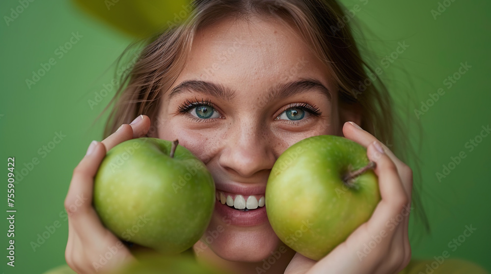 Happy smiling model peeking through a pair of green apples, set against a crisp white background Happy smiling model peeking through a pair of green apples, set against a crisp white background