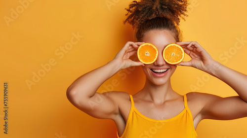 Joyful model holding slices of bright orange citrus fruits over her eyes, standing against a sunny yellow background