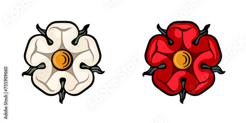 Set of heraldic red and white roses. Symbol, sign, icon, silhouette, tattoo. Isolated vector illustration.