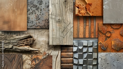 Flat lay arrangement of various architectural and interior design materials, including wood, marble, and textured surfaces in a mix of neutral and bold colors, interior design trends