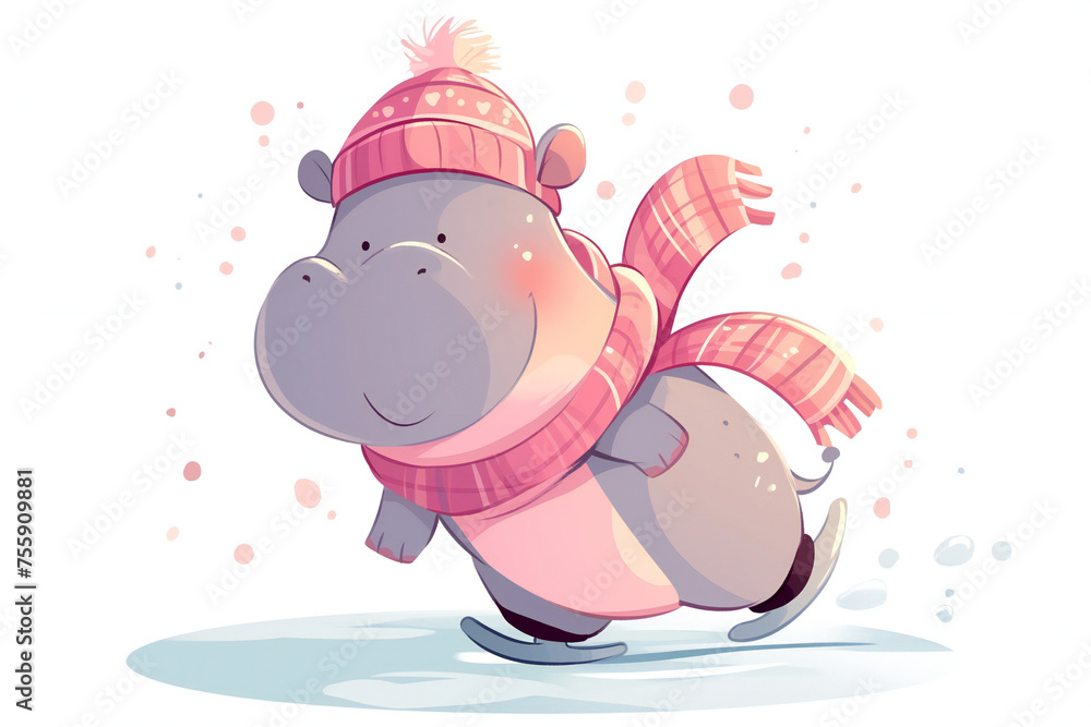 cute, hippo, skate, isolated, winter, cartoon, animal, sport, blue