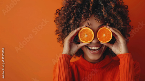 Model laughing, holding small orange over her eyes