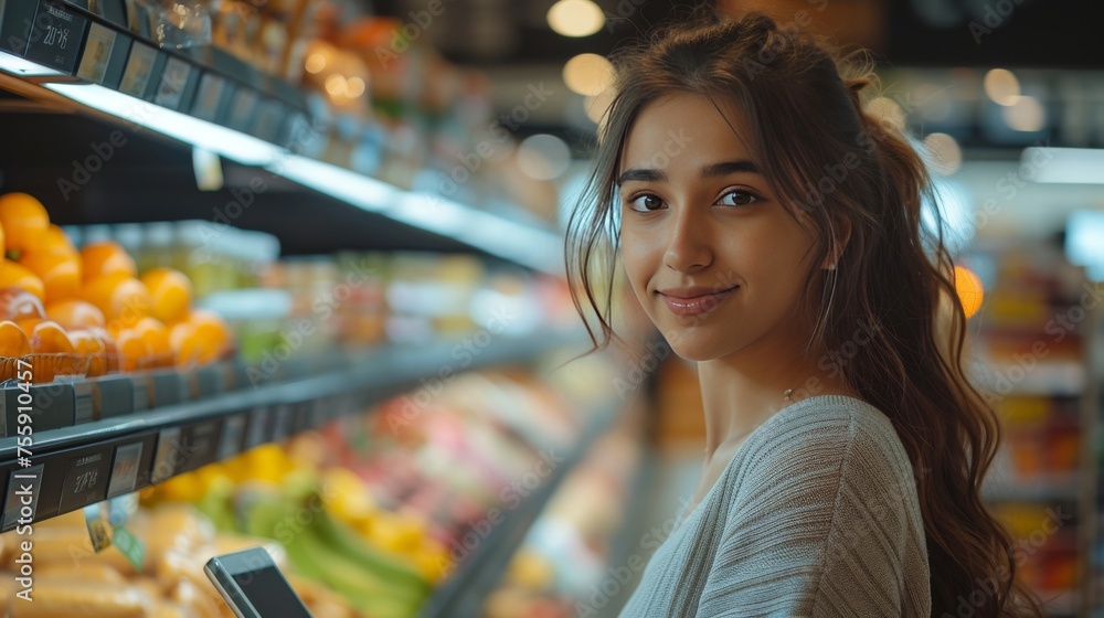 Modern Supermarket Experience: Confident Indian Woman with Shopping Cart and Tablet generative ai