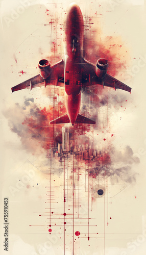 A plane above a city, surrounded by abstract, artistic red and white elements photo