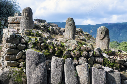 Menhirs with a human face carved on the megalithic site of Filitosai, southern Corsica, France