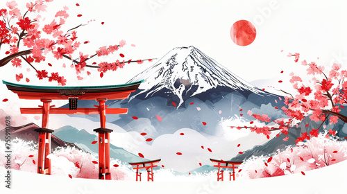 Travel to Japan illustration featuring the majestic Mount Fuji, cherry blossoms, and traditional Torii gates