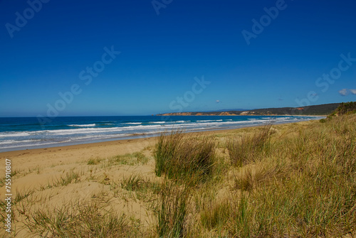 A lighthouse is seen in the distance on a beautiful clear day at Guvvos beach near Anglesea on the Great Ocean Road in southern Victoria  Australia.