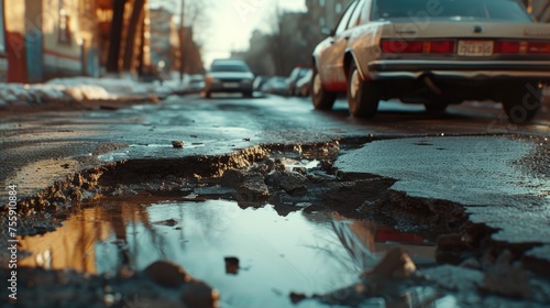 A stark contrast emerges as city roads display deep cracks and gaping holes, revealing infrastructure in dire need of repair. photo