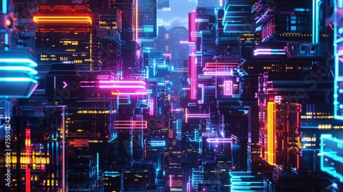 Futuristic Cityscape Illuminated by Neon Lights: Aerial View of Urban Architecture