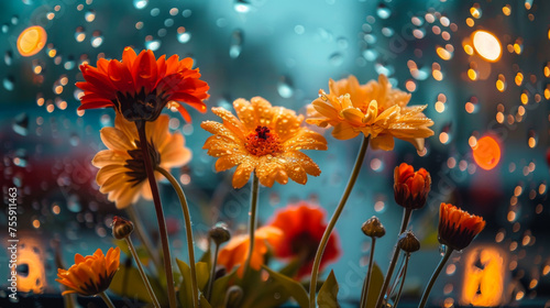 Vibrant flowers on rainy window with bokeh lights #755911463