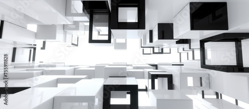 Abstract interior design created with white and black cubes and windows.