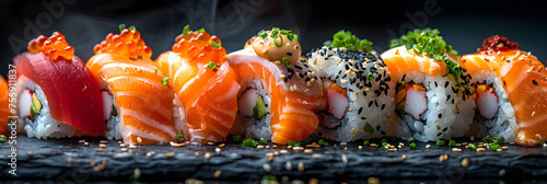 The Aesthetics of Japanese Cuisine Sushi, Rice , Food photography backdrop Tempting sushi rolls arranged on a plate atop a dimly lit table 