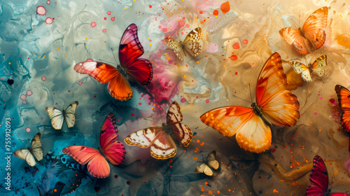 Assorted butterflies over a textured blue and orange backdrop