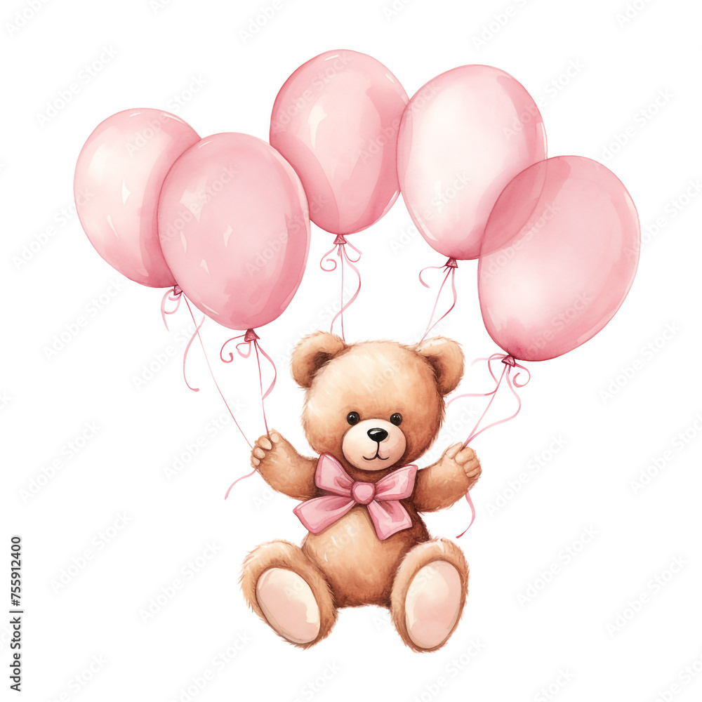 girl teddy bear hanging from three light pink color balloons, original hand drawing, watercolor сreated with Generative Ai girl teddy bear hanging from three light pink color balloons, original hand drawing, watercolor сreated with Generative Ai
