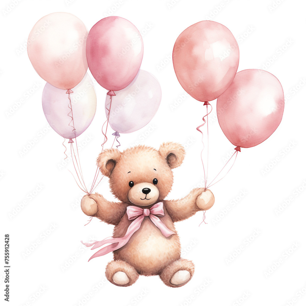 girl teddy bear hanging from three light pink color balloons, original hand drawing, watercolor сreated with Generative Ai girl teddy bear hanging from three light pink color balloons, original hand drawing, watercolor сreated with Generative Ai