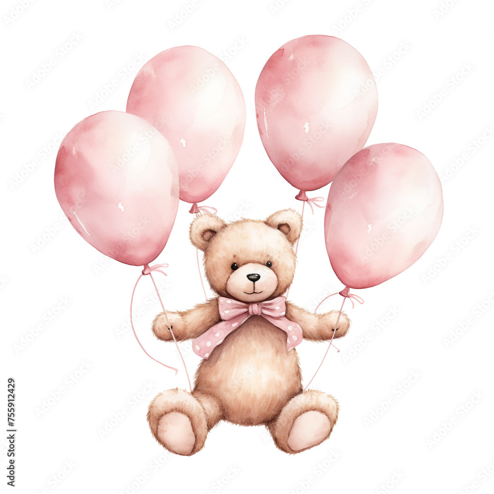 girl teddy bear hanging from three light pink color balloons, original hand drawing, watercolor сreated with Generative Ai girl teddy bear hanging from three light pink color balloons, original hand drawing, watercolor сreated with Generative Ai