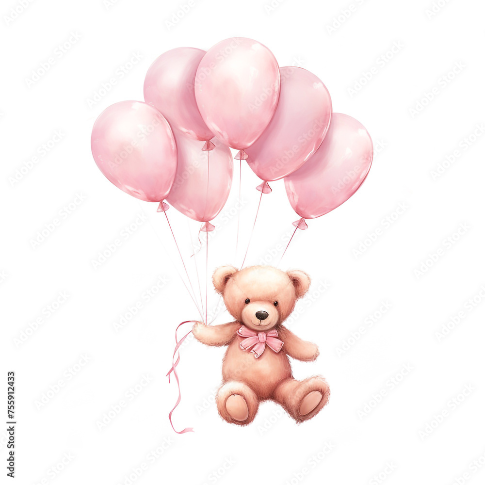 girl teddy bear hanging from three light pink color balloons, original hand drawing, watercolor сreated with Generative Ai girl teddy bear hanging from three light pink color balloons, original hand drawing, watercolor сreated with Generative Ai