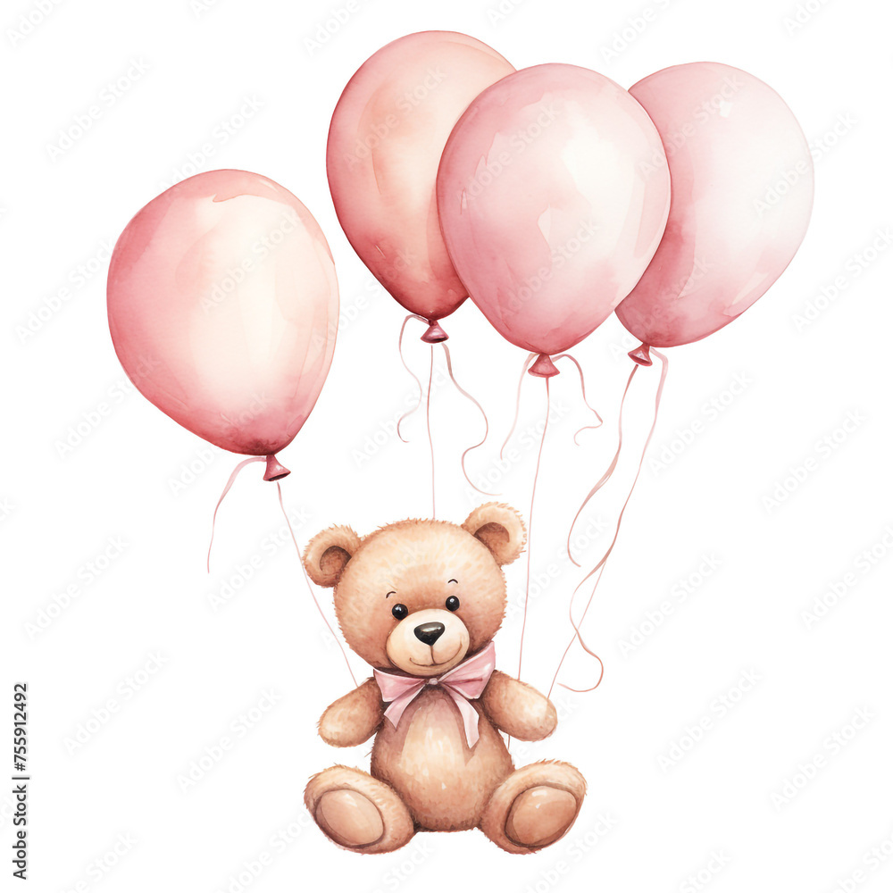 girl teddy bear hanging from three light pink color balloons, original hand drawing, watercolor сreated with Generative Ai girl teddy bear hanging from three light pink color balloons, original hand drawing, watercolor сreated with Generative Ai