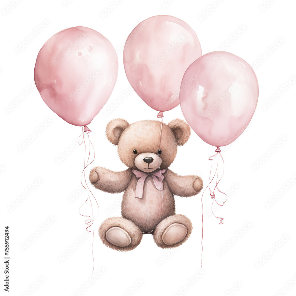 girl teddy bear hanging from three light pink color balloons, original hand drawing, watercolor сreated with Generative Ai girl teddy bear hanging from three light pink color balloons, original hand drawing, watercolor сreated with Generative Ai