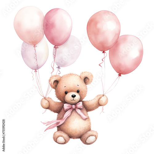 girl teddy bear hanging from three light pink color balloons, original hand drawing, watercolor сreated with Generative Ai © Andrii Yablonskyi