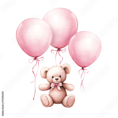 girl teddy bear hanging from three light pink color balloons, original hand drawing, watercolor сreated with Generative Ai