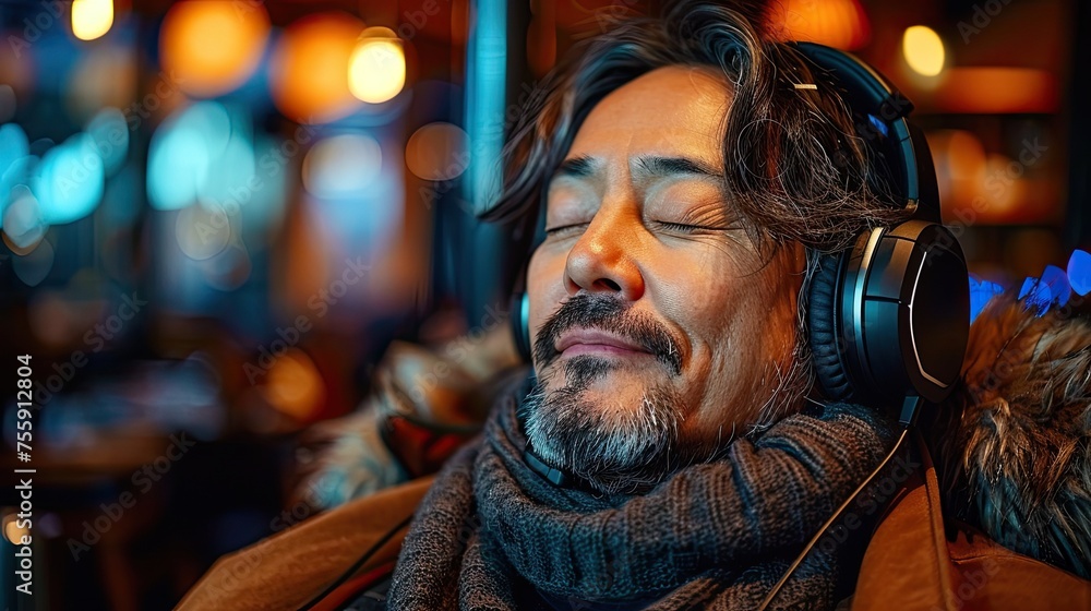 Asian man wearing headphones, eyes closed in enjoyment, listening music at home.